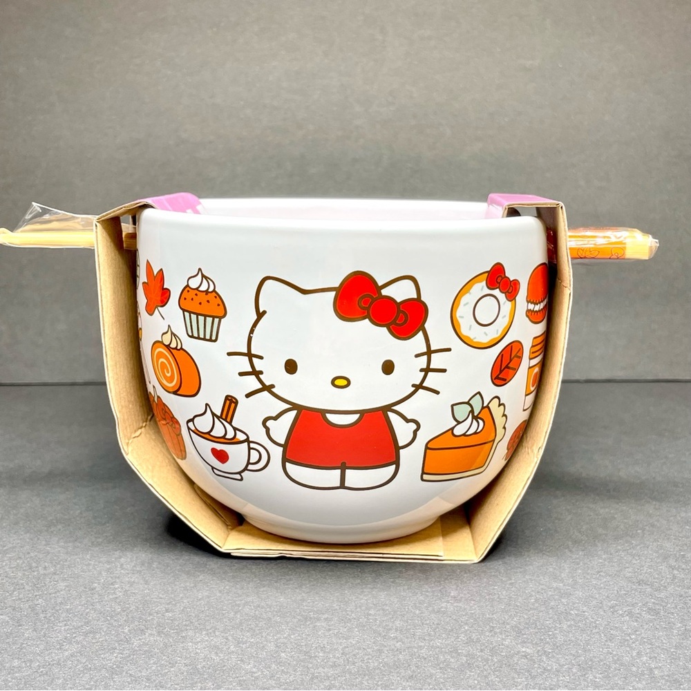 Hello Kitty Pumpkin Spice Ceramic Bowl with Chopsticks